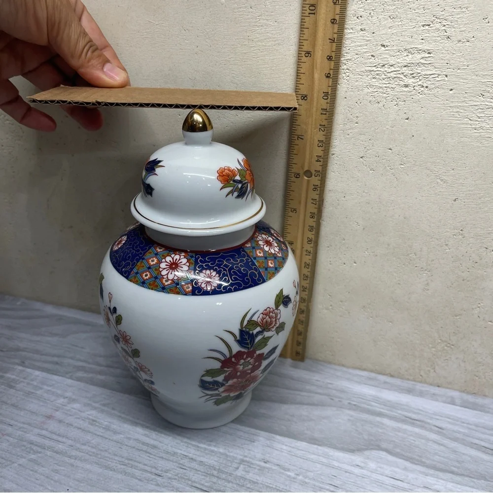 Old Imari Japan Porcelain Vintage Ginger Jar Set of 2 Blue Gold Floral Design